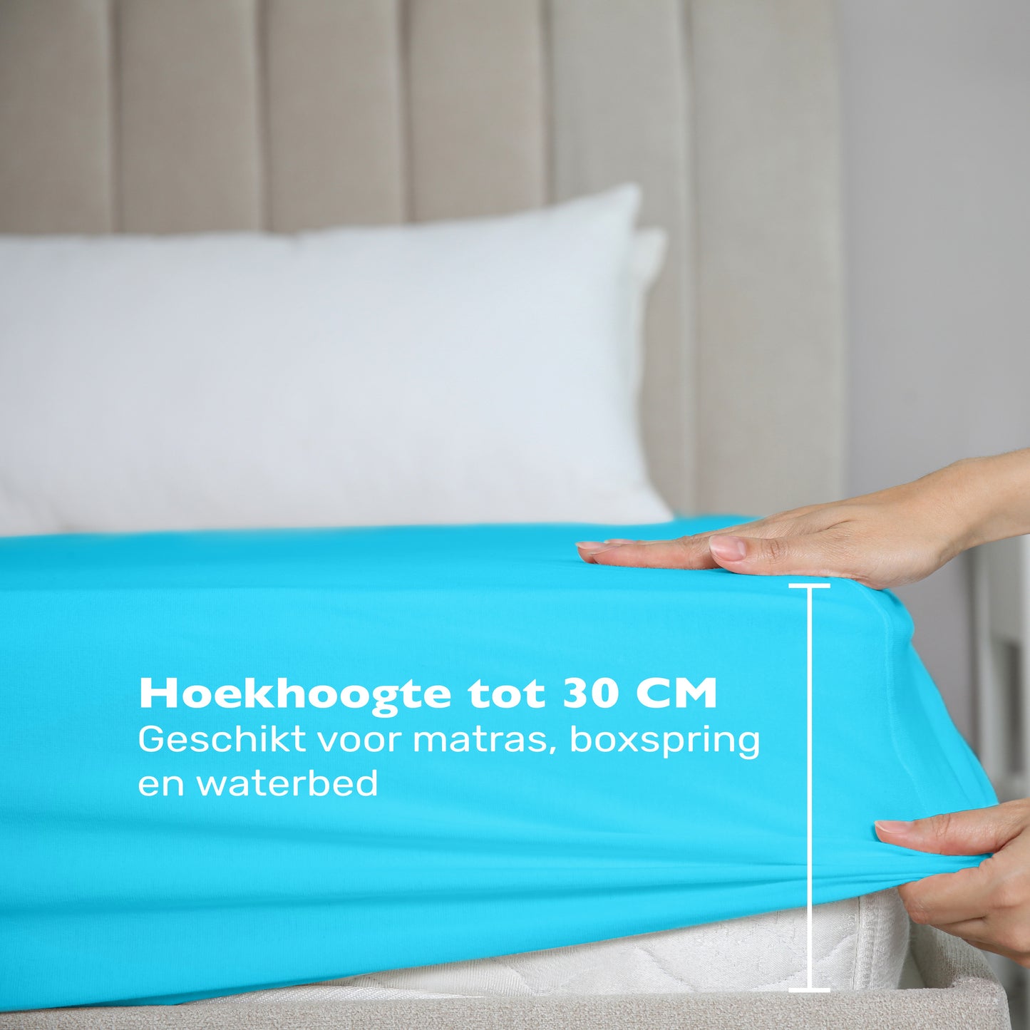 De maximale hoekhoogte van deze turquoise jersey hoeslaken is 30 cm. Geschikt voor matras, boxspring en waterbed.