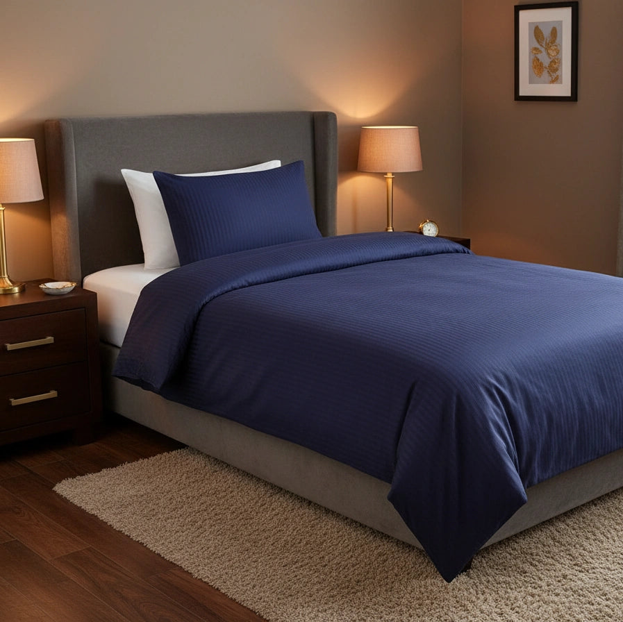 Dekbedovertrek 140x200 Satijn Katoen Gestreept Blauw