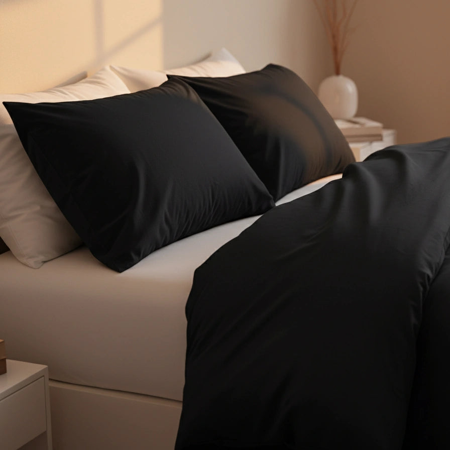 Zwart dekbedovertrek 240x220 lits-jumeaux in luxe hotelstijl slaapkamer met witte lakens en strak minimalistisch design. Zachte hotelkwaliteit stof, stijlvol donker beddengoed voor een moderne en rustige sfeer.