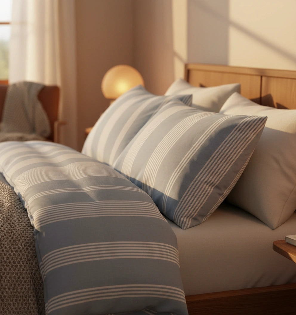 lichtblauw gestreepte dekbedovertrek van chambry weving in slaapkamer, inclusief kussenslopen