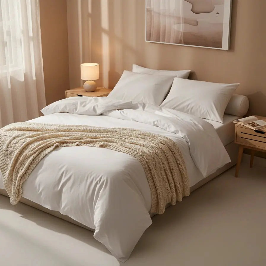 Wit dekbedovertrek 240x220 lits-jumeaux in warme beige slaapkamer met houten nachtkastjes, zachte plaid en twee witte kussens op een strak opgemaakt bed, sfeervol daglicht door linnen gordijnen.