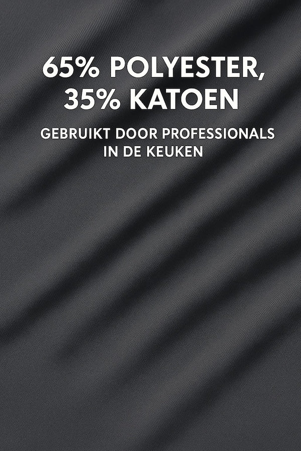 Detail van de stof van antraciet keukenschort - mix van katoen en polyester, stevig en ademend - Beterkatoen