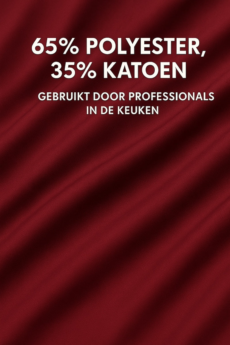 Detail van de stof van bordeaux keukenschort - mix van katoen en polyester, stevig en ademend - Beterkatoen