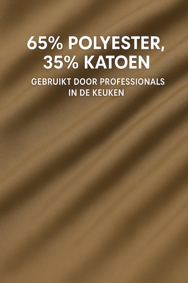 Detail van de stof van bruine keukenschort - mix van katoen en polyester, stevig en ademend - Beterkatoen