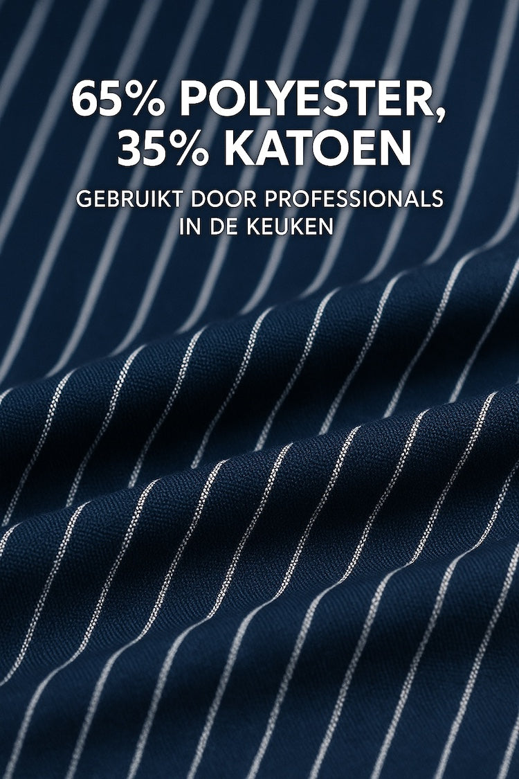 Detail van de stof van marine blauw wit gestreepte keukenschort - mix van katoen en polyester, stevig en ademend - Beterkatoen