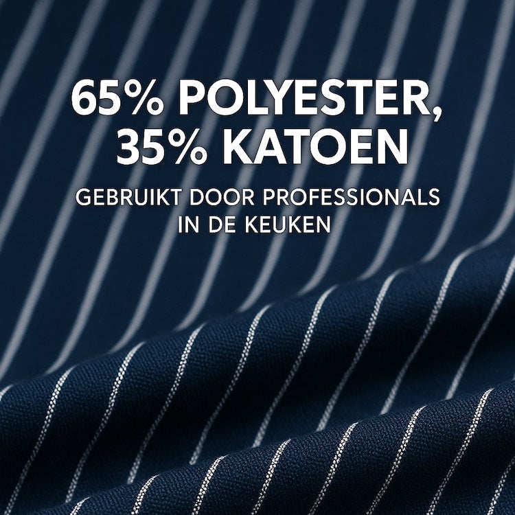 Detail van de stof van marine blauw wit gestreepte keukenschort - mix van katoen en polyester, stevig en ademend - Beterkatoen