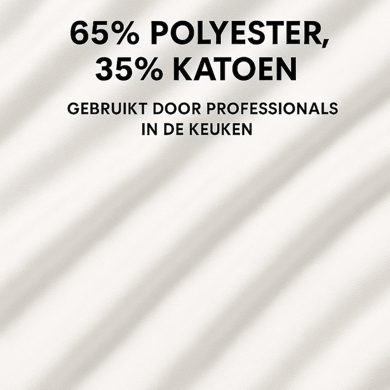 Detail van de stof van wit keukenschort - mix van katoen en polyester, stevig en ademend - Beterkatoen