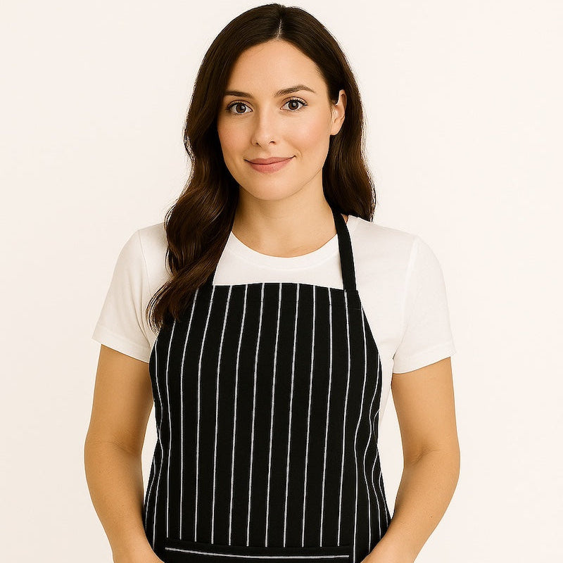 Vrouw met zwart wit gestreepte keukenschort - dames schort met zak en verstelbare taille - Beterkatoen