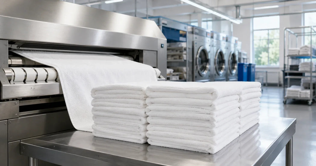 Fris gewassen witte hotelhanddoeken netjes opgevouwen in een verzorgde hotelbadkamer voor een schone en luxe uitstraling.