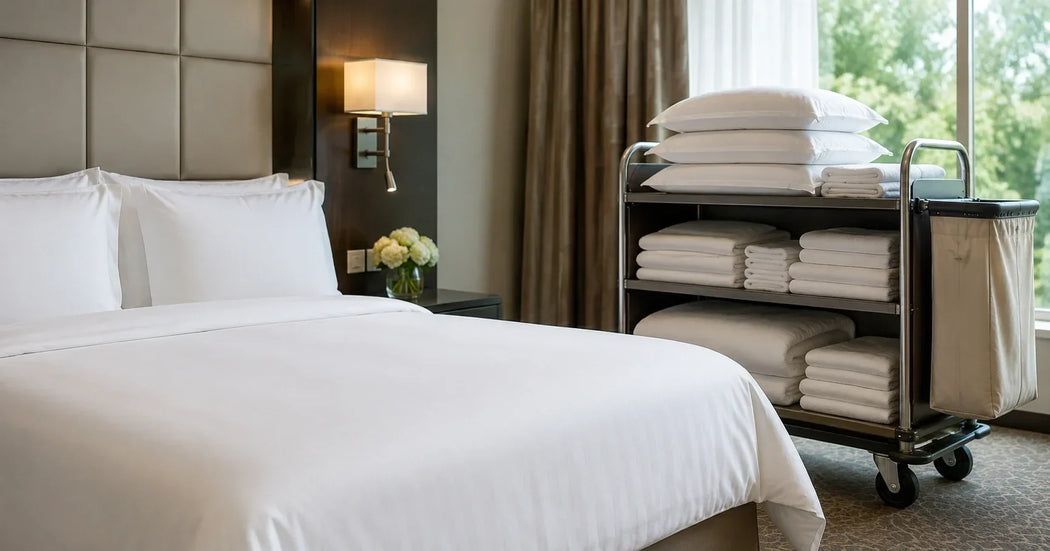 Professioneel hotelbed met fris gewassen wit hotelbeddengoed in een moderne hotelkamer