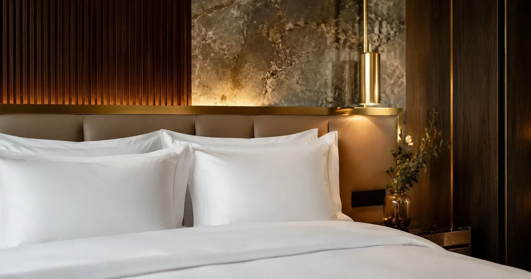 Luxe boutique hotelkamer met professioneel hotelbeddengoed op een strak opgemaakt bed