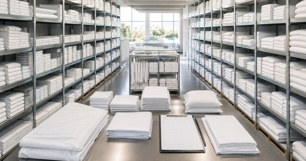 Professioneel hoteltextiel met witte hotellakens en handdoeken in een verzorgde linnenkamer