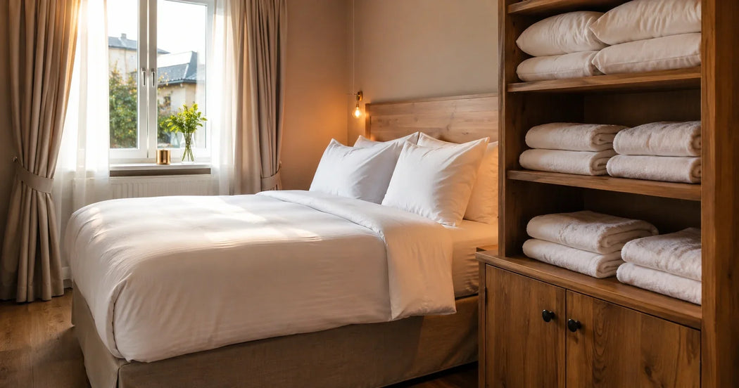 Professioneel hoteltextiel in een stijlvolle hotelkamer met strak opgemaakt bed en witte hotellakens