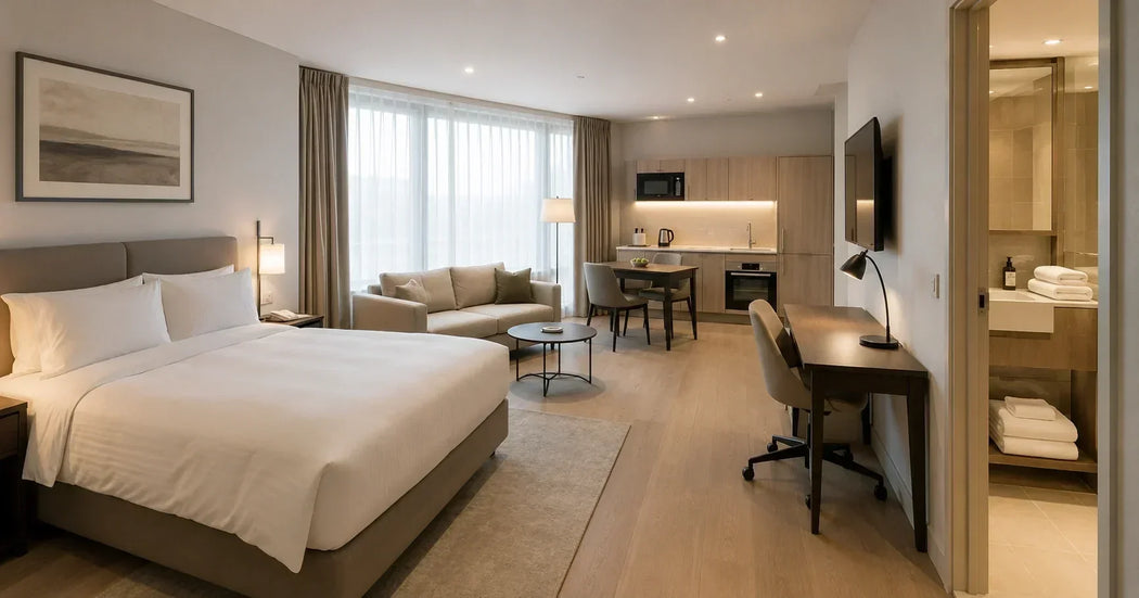 Modern serviced apartment met professioneel hoteltextiel, strak opgemaakt bed en luxe hotelbeddengoed