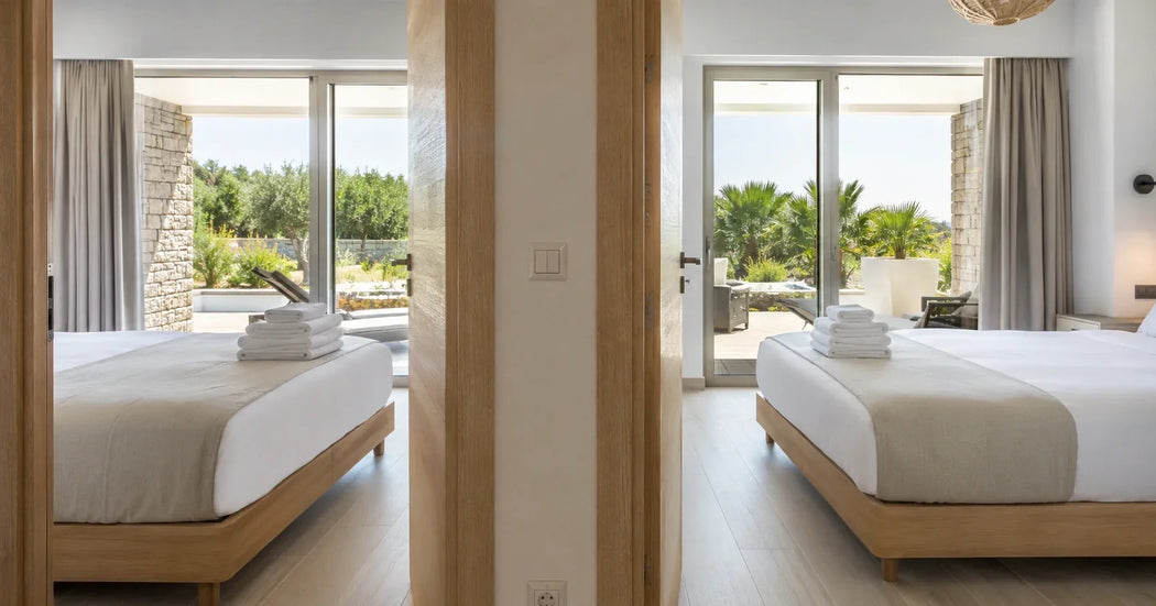 Professioneel hoteltextiel in een vakantiepark met strak opgemaakte bedden en witte hotellakens