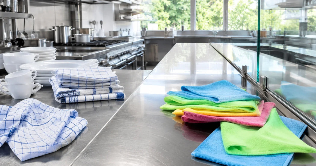 Katoenen horeca-theedoeken en microvezeldoeken naast elkaar voor professioneel gebruik in een restaurantkeuken