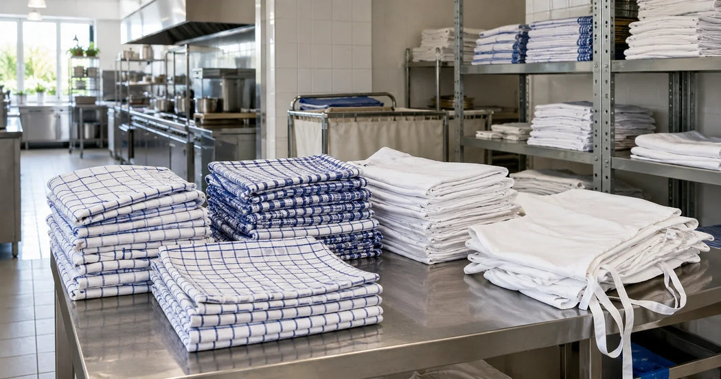 Professioneel horeca-keukentextiel met theedoeken, keukenhanddoeken en schorten na het wassen in een professionele keuken