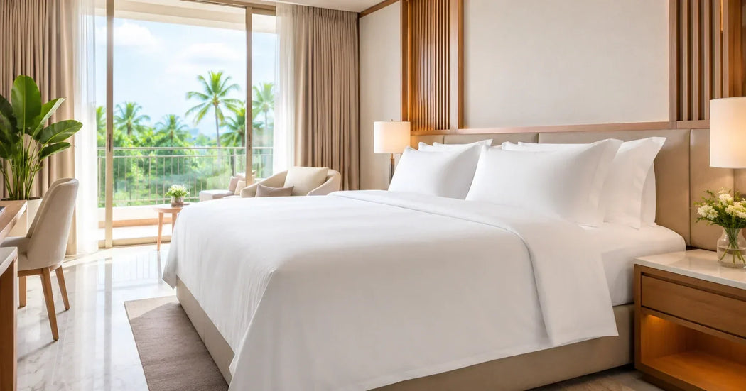 Professioneel wit hotelbeddengoed in een luxe hotelkamer