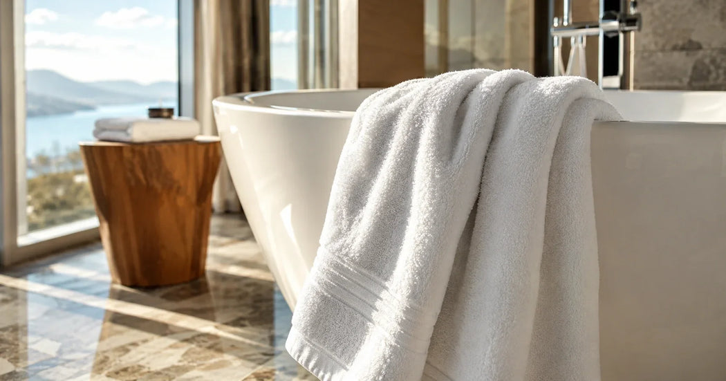 Luxe zware hotelhanddoeken netjes opgevouwen in een stijlvolle hotelbadkamer, geschikt voor hotels, wellness en thuisgebruik.