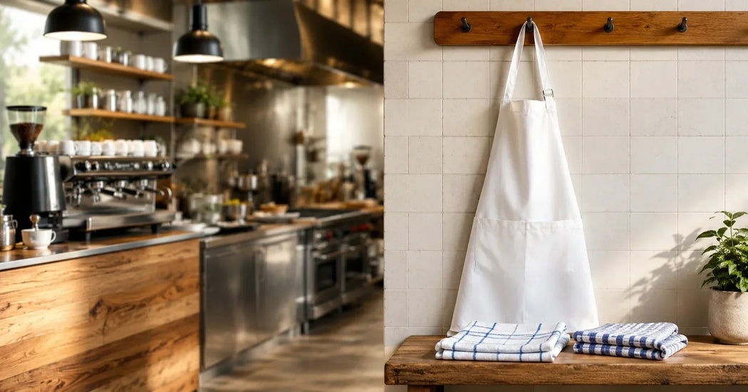 Professionele katoenen horecaschorten gedragen door medewerkers in een restaurantkeuken tijdens dagelijks gebruik