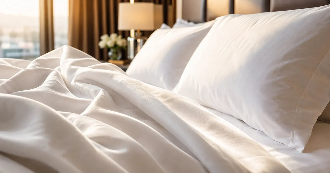Professioneel hotelbeddengoed van Egyptisch katoen op een strak opgemaakt hotelbed