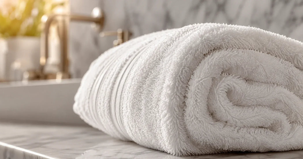 Luxe Egyptisch katoenen hotelhanddoeken opgevouwen in een stijlvolle hotelbadkamer voor optimaal comfort en een premium uitstraling.
