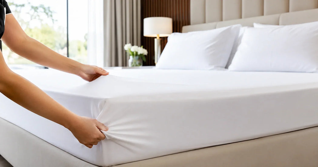 Strak opgemaakt hotelbed met witte hotellakens in een moderne hotelkamer