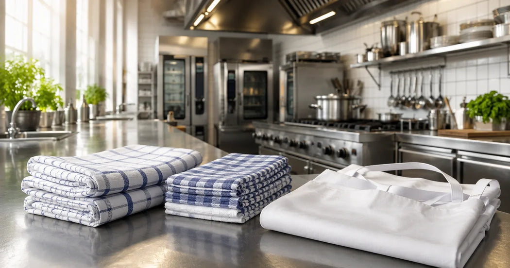 Professioneel horeca-keukentextiel met theedoeken, keukenhanddoeken en schorten in een professionele keuken