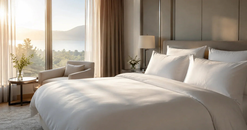 Luxe hotelbed met professioneel hotelbeddengoed in een moderne en rustig ingerichte hotelkamer