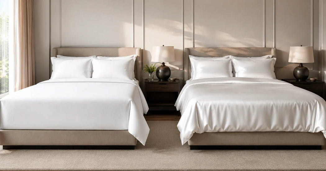 Perkal en katoensatijn hotelbeddengoed naast elkaar op een strak opgemaakt hotelbed