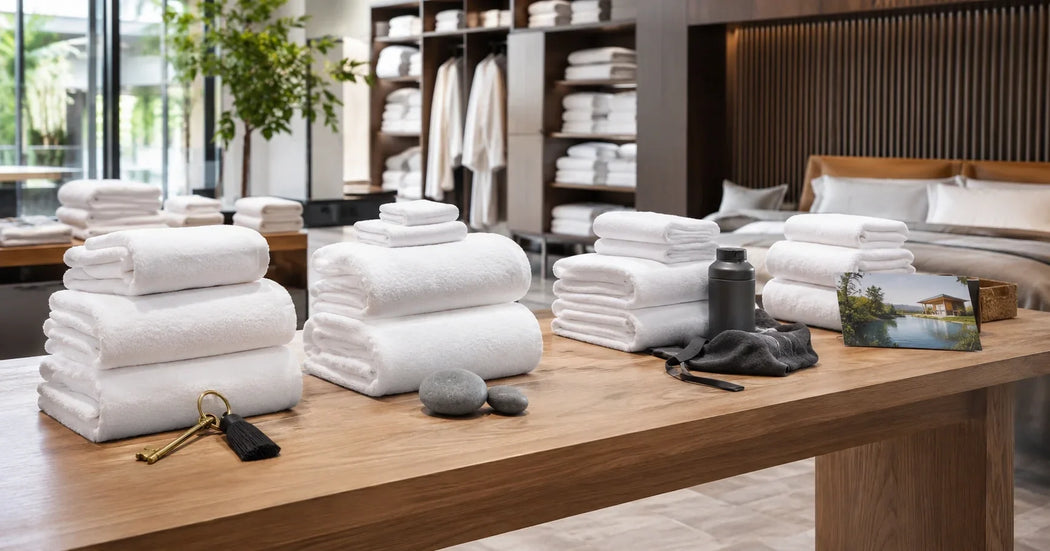 Professionele hotelhanddoeken voor hotels, wellness, vakantieparken en andere accommodaties, netjes opgevouwen in een luxe badkamer.