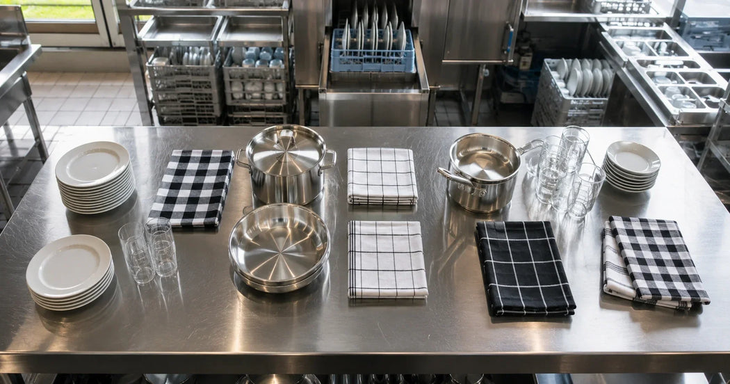 Professionele horeca-theedoeken van katoen in gebruik in een restaurantkeuken tijdens het afdrogen van servies