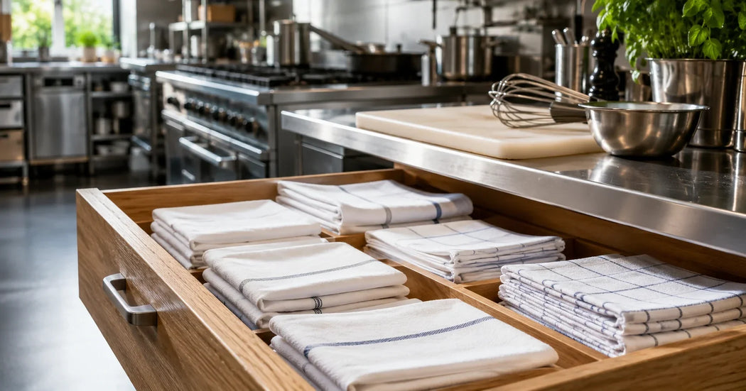 Professionele horeca handdoeken van hotelkwaliteit in een restaurantkeuken voor dagelijks intensief gebruik