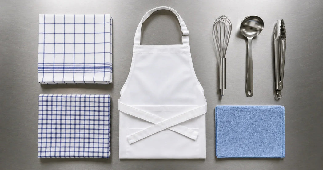 Professioneel horeca-keukentextiel met theedoeken, keukenhanddoeken, katoenen schorten en microvezeldoeken in een professionele keuken.