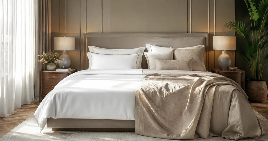 Vergelijking tussen professioneel hotelbeddengoed en luxe consumentenbeddengoed in een moderne slaapkamer met wit hotelbeddengoed