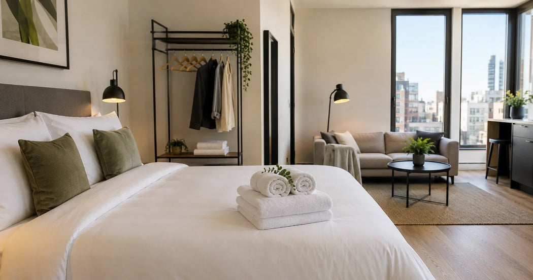 Professioneel hotelbeddengoed en hotelhanddoeken in een luxe Airbnb-accommodatie