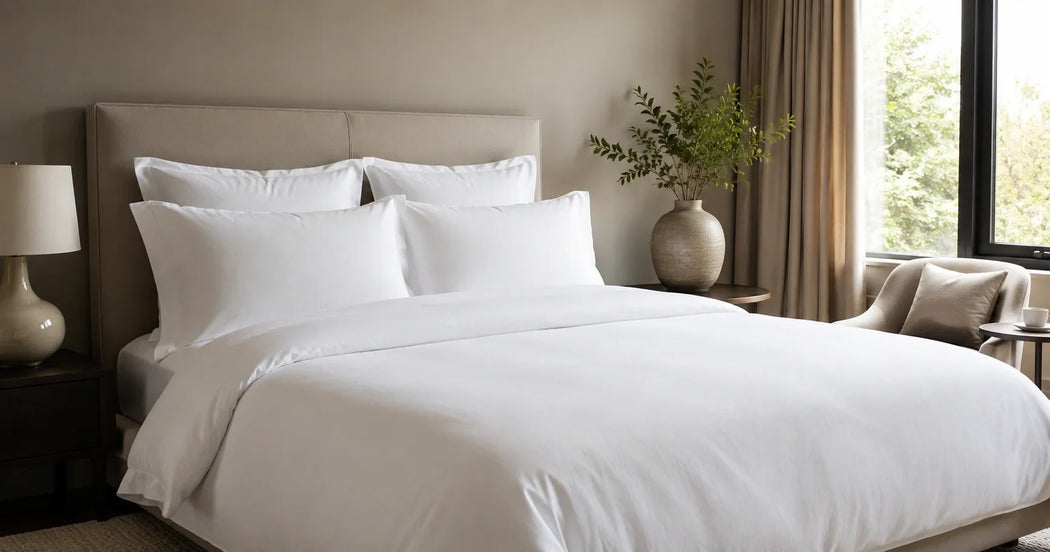 Professioneel hotelbeddengoed in een luxe slaapkamer met witte hotellakens en hoteldekbedovertrek voor thuisgebruik