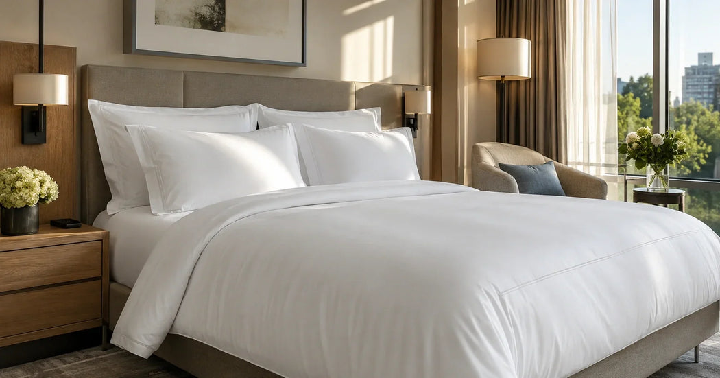 Professioneel wit hotelbeddengoed op een luxe opgemaakt hotelbed met hoogwaardige katoenen lakens en kussenslopen