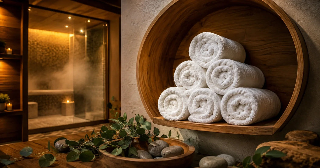 Luxe witte hotelhanddoeken opgestapeld in een wellnesscentrum, spa of sauna voor optimaal comfort, hoge vochtopname en een professionele uitstraling.