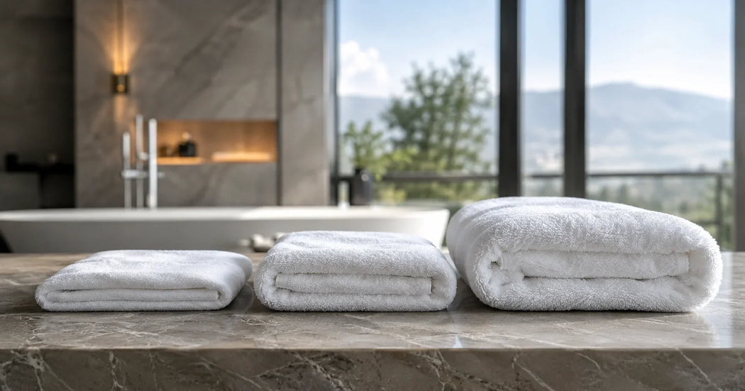 Hotelhanddoeken in verschillende diktes, van licht tot zwaar, opgevouwen in een luxe hotelbadkamer voor optimaal comfort en professioneel gebruik.