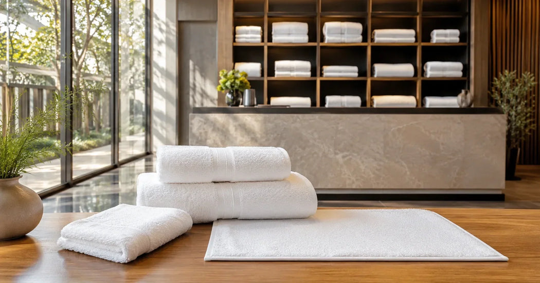 Professionele witte hotelhanddoeken in verschillende formaten op een luxe hotelbadkamer, geschikt voor hotels, B&B's en vakantieparken.
