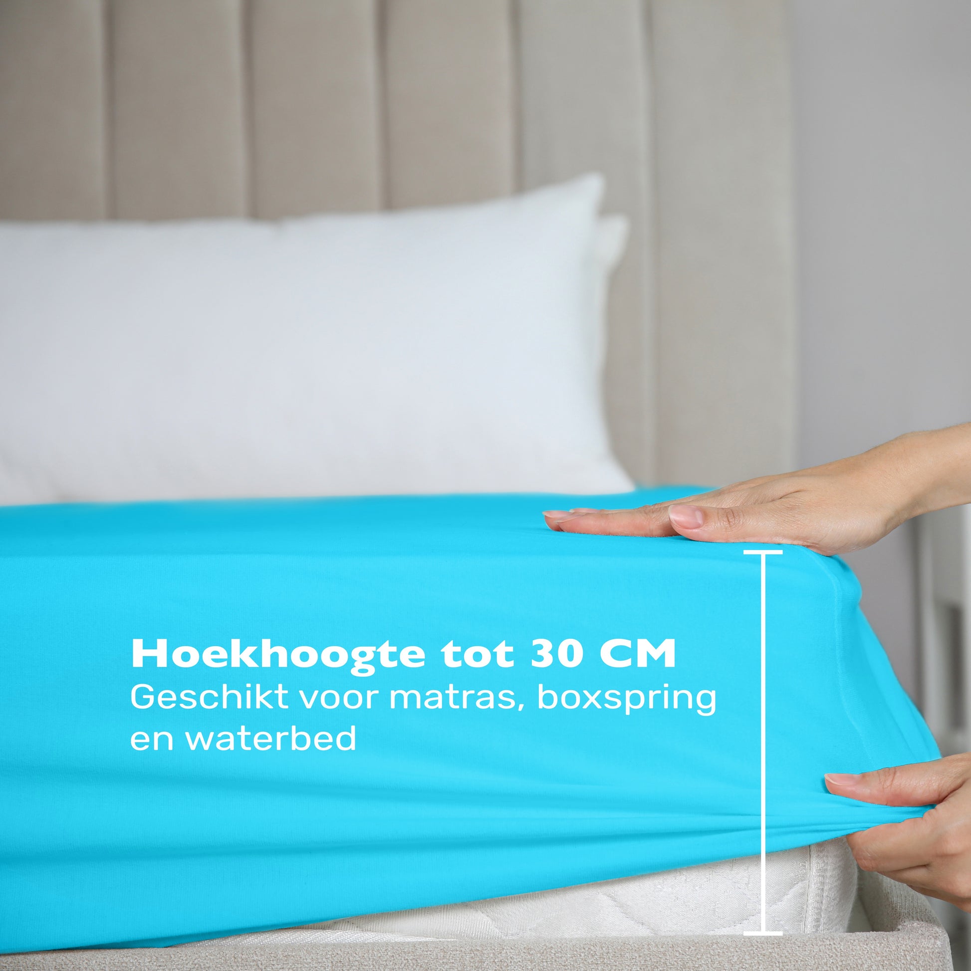 De maximale hoekhoogte van deze turquoise jersey hoeslaken is 30 cm. Geschikt voor matras, boxspring en waterbed. 