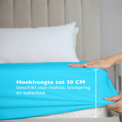 De maximale hoekhoogte van deze turquoise jersey hoeslaken is 30 cm. Geschikt voor matras, boxspring en waterbed. 