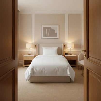 Wit dekbedovertrek eenpersoons gezien vanuit deuropening in luxe hotelkamer met warme verlichting en houten meubels.