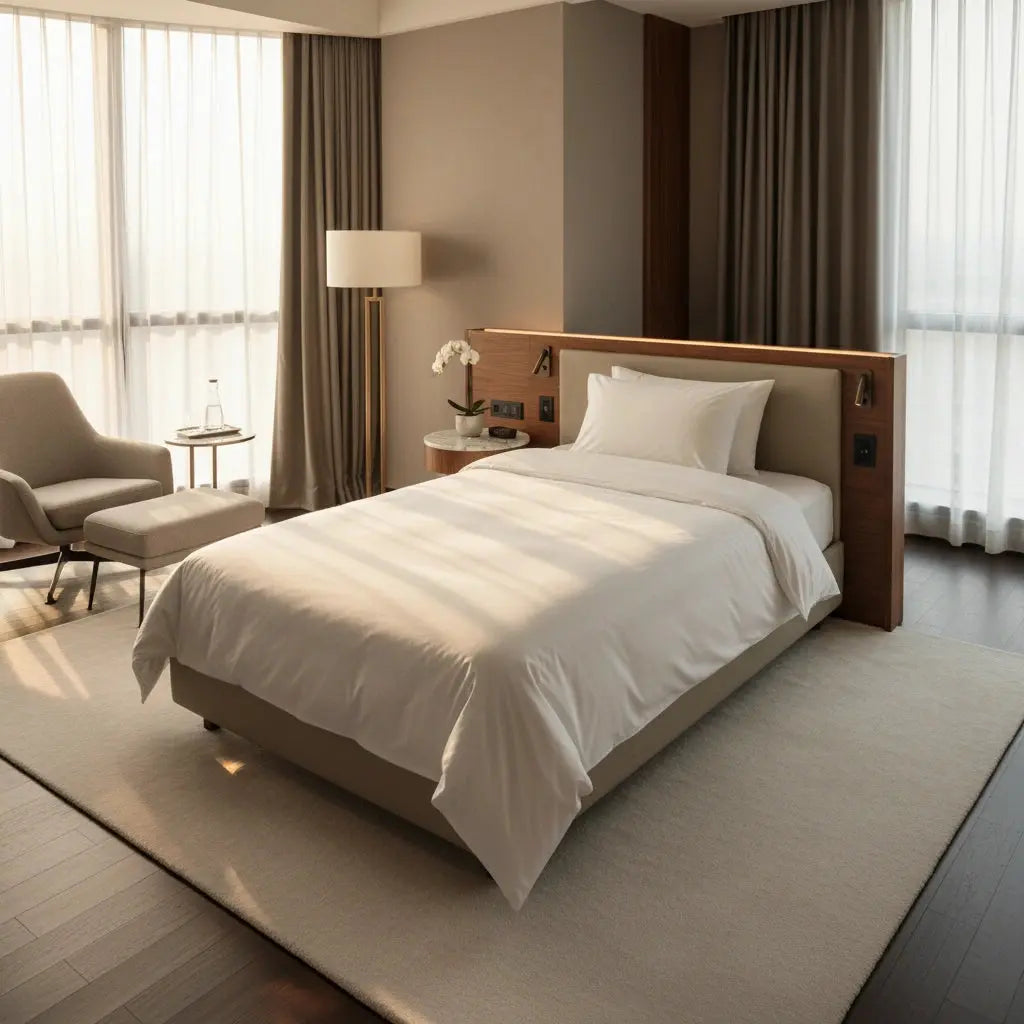 Wit dekbedovertrek eenpersoons op modern luxe hotelbed met houten details, grote ramen en warme natuurlijke lichtinval.
