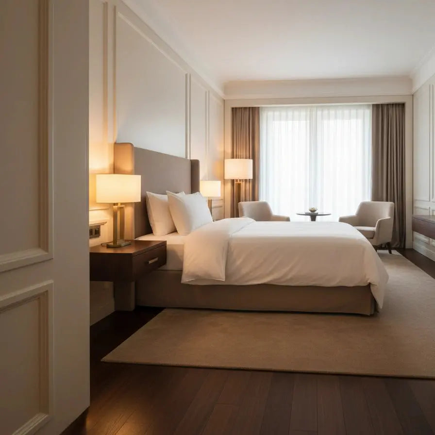 Wit dekbedovertrek eenpersoons in luxe hotelkamer met warme verlichting, houten vloer en moderne inrichting.