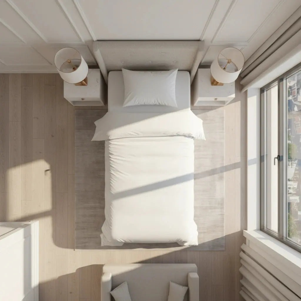 Wit dekbedovertrek eenpersoons, bovenaanzicht in moderne lichte slaapkamer met grote ramen en natuurlijk zonlicht.