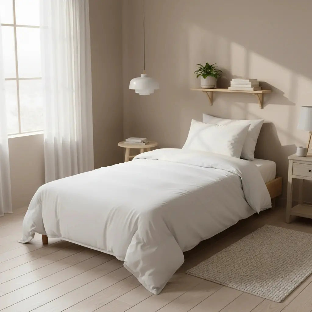 Wit dekbedovertrek eenpersoons in lichte minimalistische slaapkamer met houten vloer, groot raam en natuurlijke decoratie.