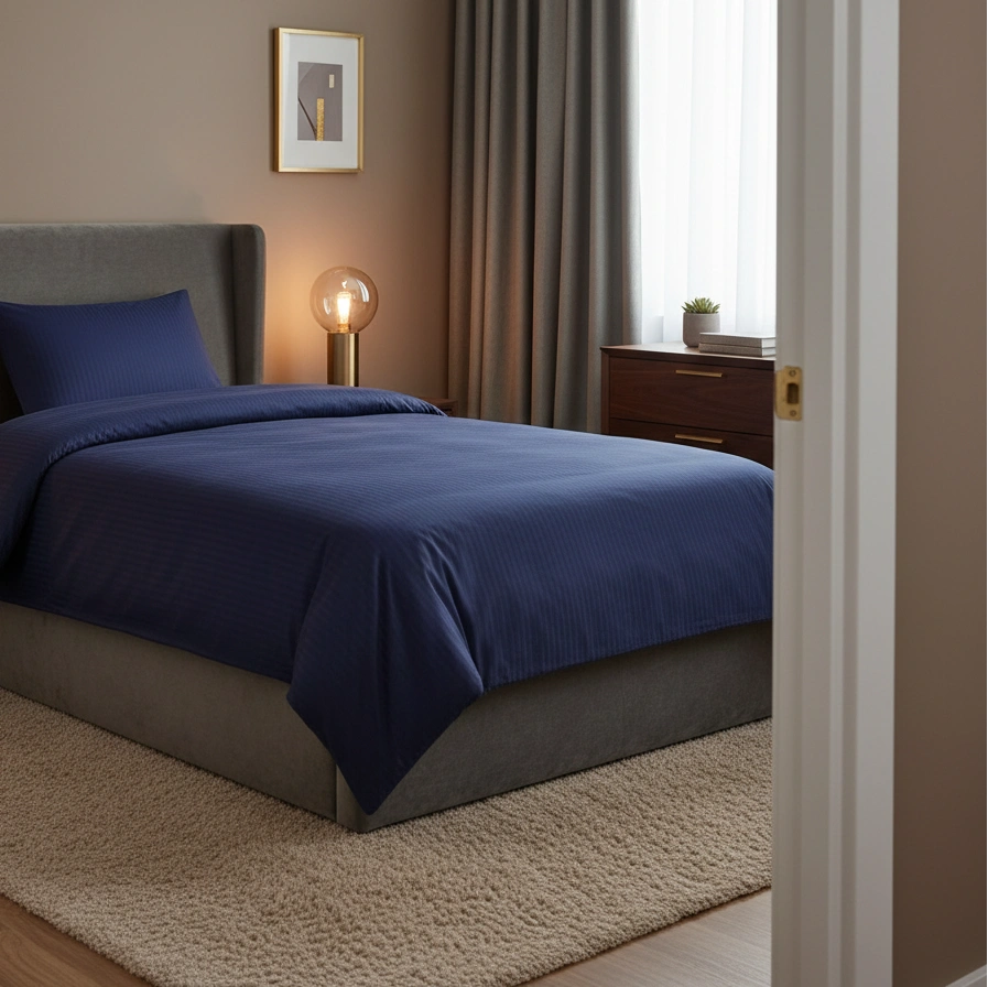 Dekbedovertrek 140x200 Satijn Katoen Gestreept Blauw