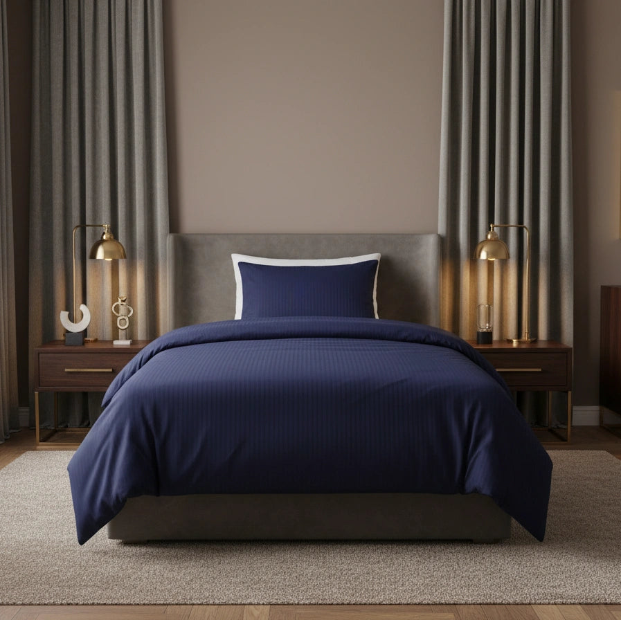 Dekbedovertrek 140x200 Satijn Katoen Gestreept Blauw